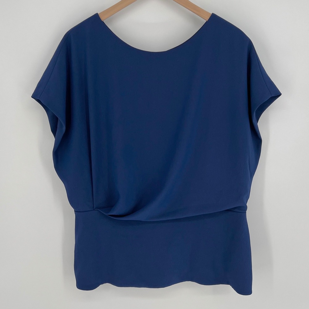 MM LaFleur Draped Front Short Sleeve Blouse Size XL Blue Professional Career Top